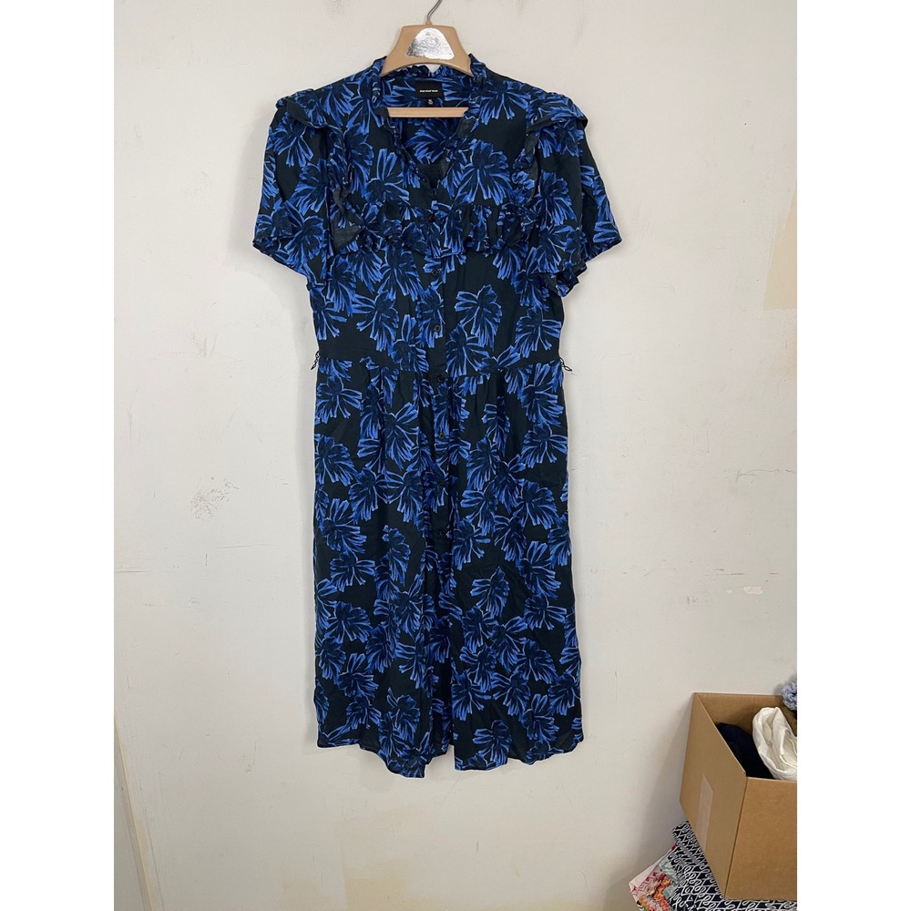 Who‎ What Wear Blue Floral Palm Ruffle Midi Dress Button Front XL Short Sleeve